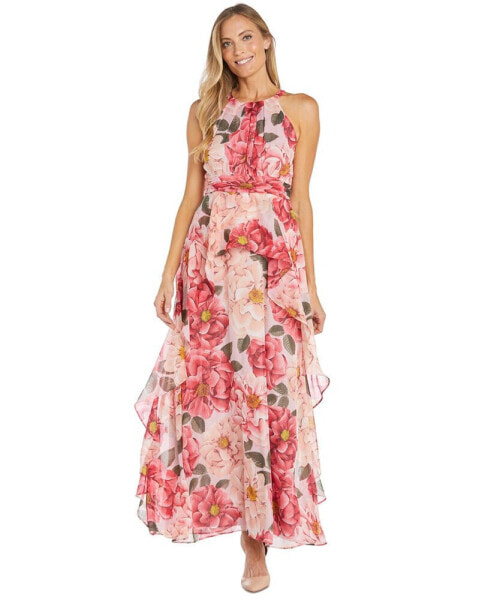 Women's Halter Ruched-Waist Ruffled Gown