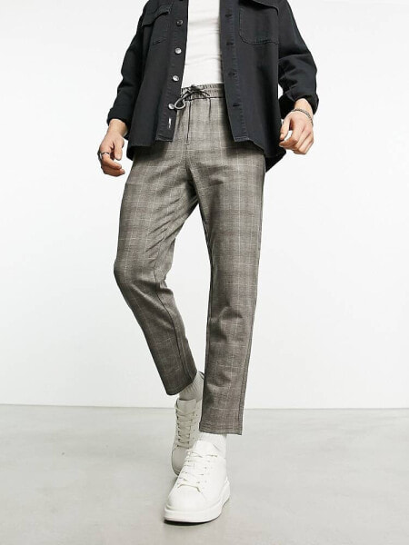 Only & Sons tapered fit check trousers with elasticated waist in grey