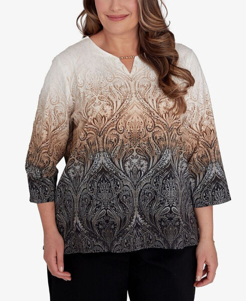 Plus Size Classic Ombre Beaded Keyhole Neck Top