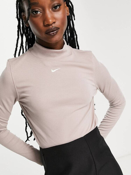 Nike Essential mini swoosh rib mock long sleeve top in taupe