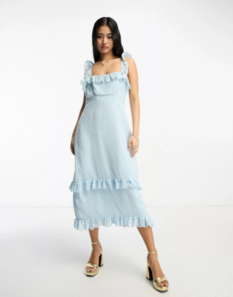 Hope & Ivy dobby spot frill midi dress in duck egg blue