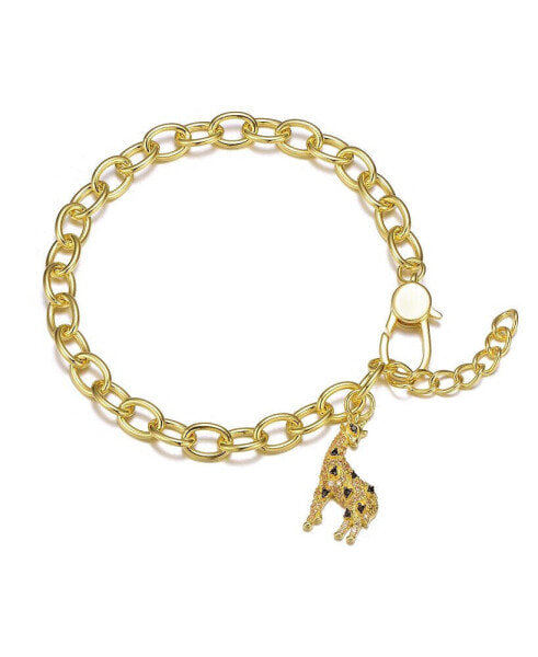 14k Yellow Gold Plated with Fancy Cubic Zirconia Giraffe Dangle Charm Bracelet in Sterling Silver