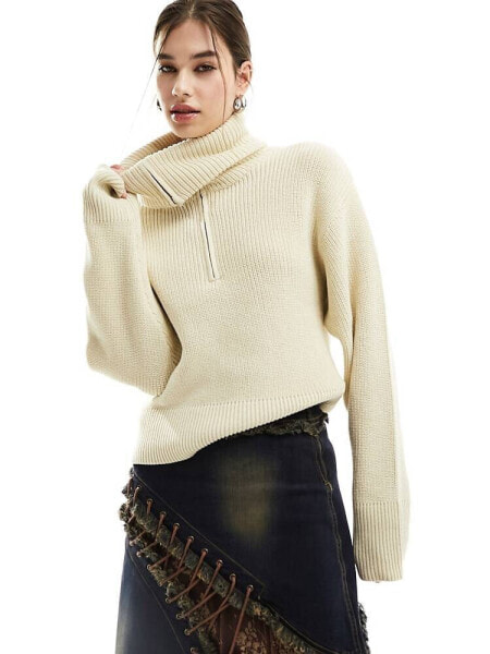 Monki high zip neck knitted sweater in off white