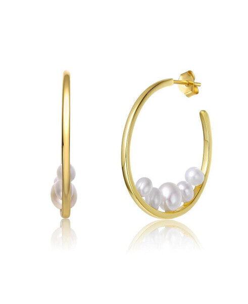 Sterling Silver 14k Yellow Gold Plated with White Freshwater Pearl Cluster 3/4 C-Hoop Earrings