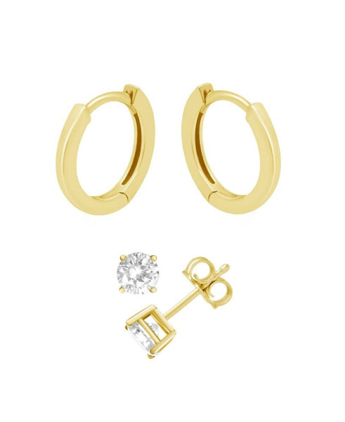 Cubic Zirconia Round Stud & Polished Huggie Hoop in Gold Plate or Silver Plate