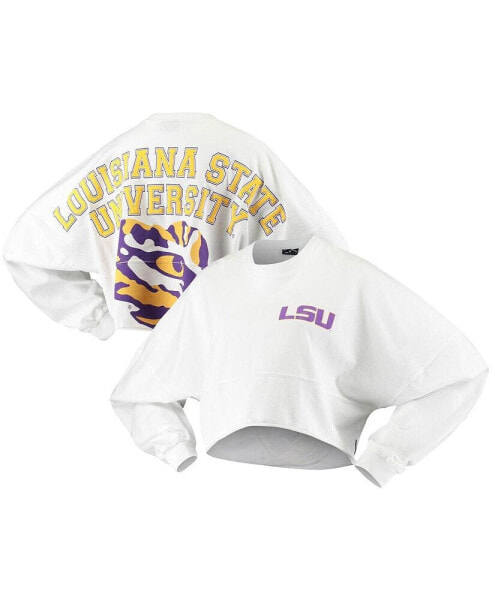 Women's White LSU Tigers Raw Hem Cropped Long Sleeve T-shirt