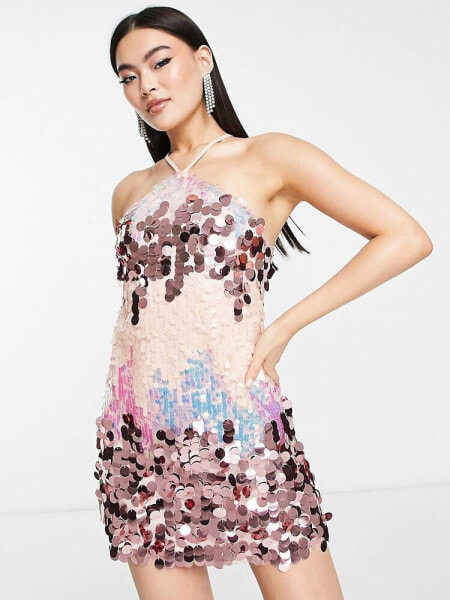 Jaded Rose halterneck mini dress in statement sequin