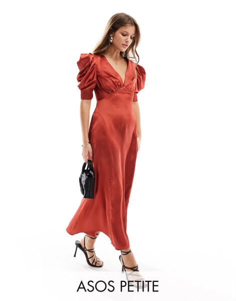 ASOS DESIGN Petite satin v neck midi tea dress with puff sleeves in rust