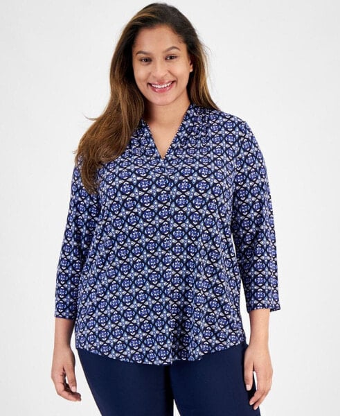 Plus Size V-Neck 3/4-Sleeve Top, Created for Macy's
