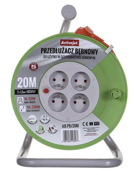 Activejet AJE-PB/20M reel extension cord 20m - 20 m - 4 AC outlet(s) - Indoor - Type E / F - Type F (CEE 7/4) - IP20