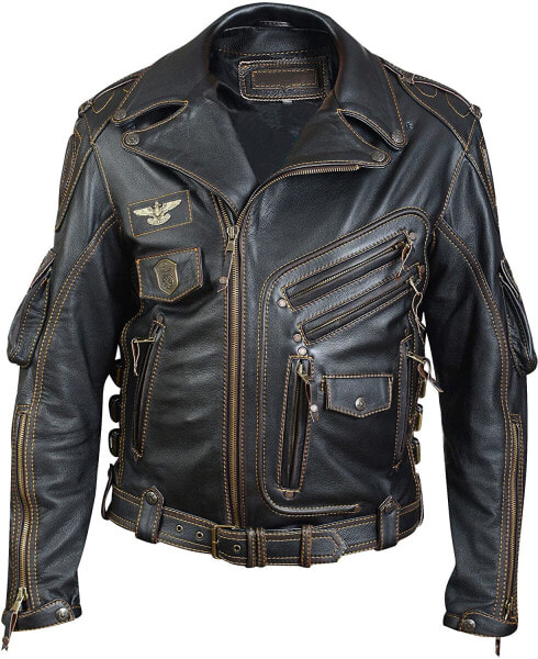 Мужская куртка из натуральной воловьей кожи высокого качества из плотной кожи премиум-класса Мотоциклетная байкерская черная кожаная куртка