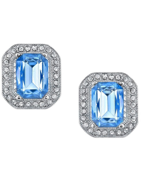 Silver-Tone Lt. Sapphire Blue with Crystal Octagon Button Earrings