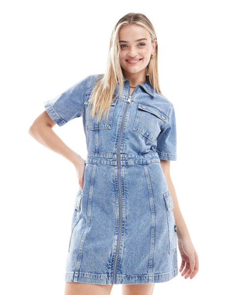 Tommy Jeans denim dungaree dress in mid wash