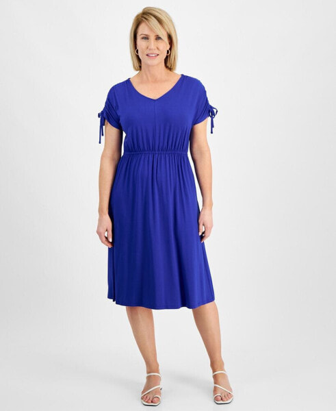 Petite V-Neck Shirred-Sleeve Knit Dress, Created for Macy's