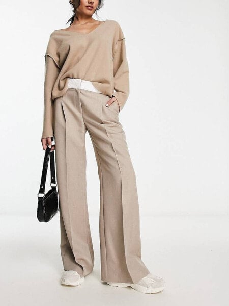 Miss Selfridge foldover waistband wide leg trouser in taupe