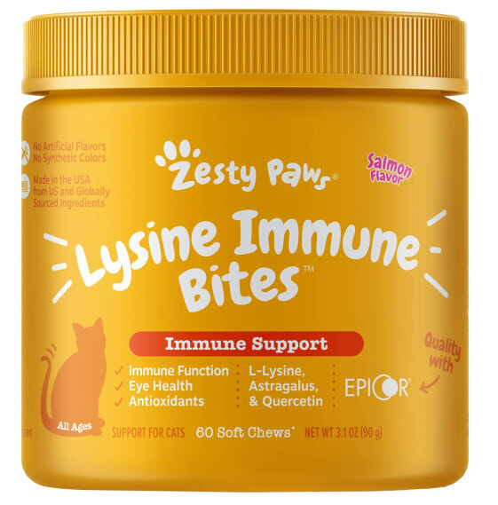 Zesty Paws, Lysine Immune Bites, поддержка иммунитета кошек, для всех возрастов, лосось, 60 жевательных таблеток, 90 г (3,1 унции)