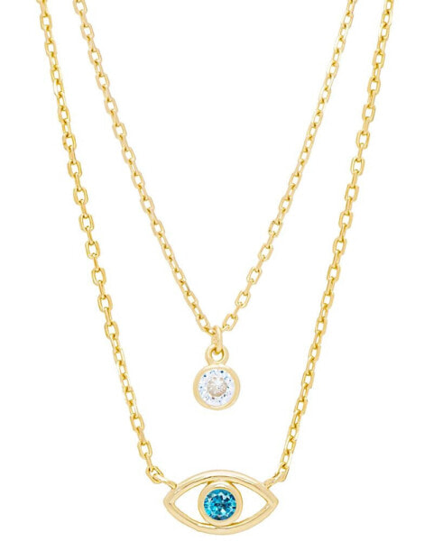 Macy's blue Topaz (1/4 ct. t.w.) & Cubic Zirconia Evil Eye & Solitaire Layered Necklace in 14k Gold-Plated Sterling Silver, 13-1/2" + 2" extender