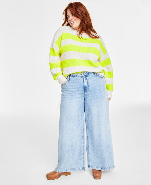 Plus Size Crewneck Striped Shaker Sweater, Created for Macy's