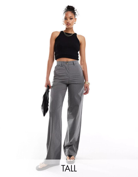 DTT Tall high waisted pinstripe trousers in grey