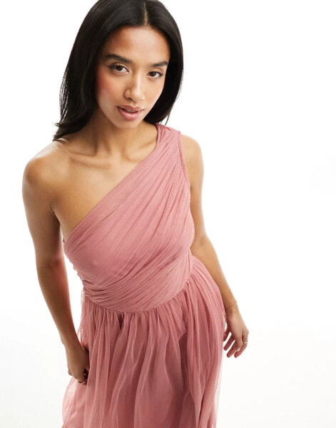 Anaya Petite Bridesmaid tulle one shoulder maxi dress in dusty pink