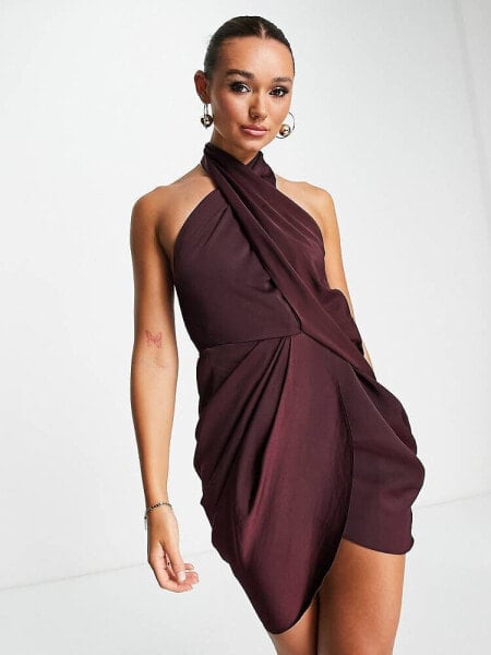 ASOS DESIGN Satin wrap neck drape mini dress in soft washed twill in wine 