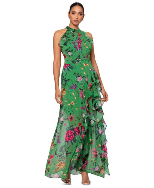 Petite Floral-Print Ruffled Halter Gown