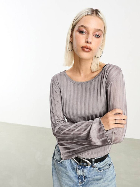 Weekday Enora knitted sheer rib sweater in grey 