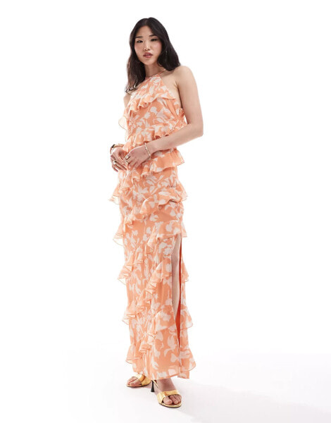 Pretty Lavish halterneck ruffle maxi dress in terracotta floral