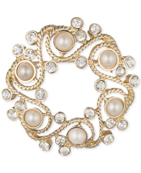 Gold-Tone Imitation Pearl and Crystal Wreath Pin, Created for Macy's