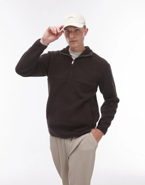 Selected Homme borg half zip sweatshirt in brown