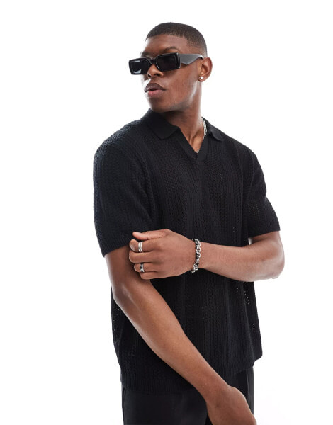 Jack & Jones oversized knitted crochet polo in black