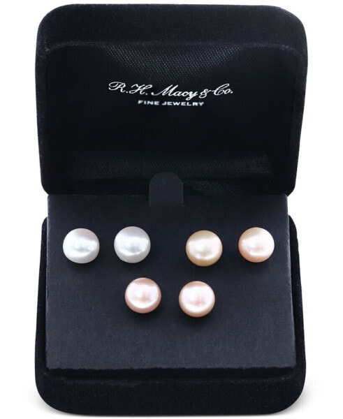 EFFY® 3-Pc. Set Pink, Peach, & White Cultured Freshwater Pearl (9mm) Stud Earrings in Sterling Silver
