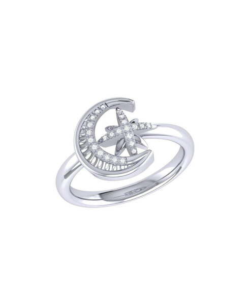 Moon Cradled Star Design Sterling Silver Diamond Women Ring