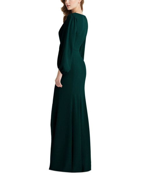 Womens Long Puff Sleeve V-Neck Trumpet Gown