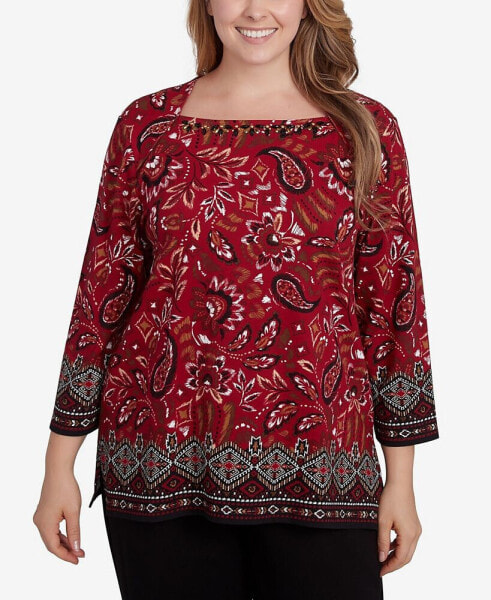 Plus Size Embellished Envelope Neck Paisley Border Printed Knit Top