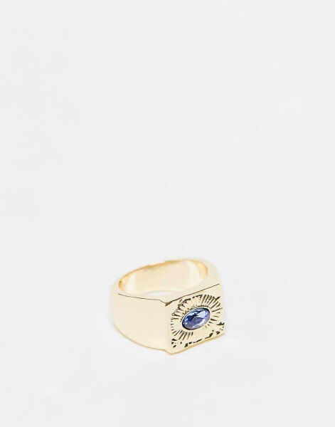 Topshop blue stone etched signet ring in gold