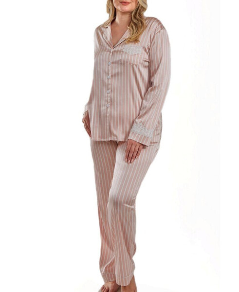 Brillow Plus Size Satin Striped Button Down Pajama Pant Set, 2 Piece