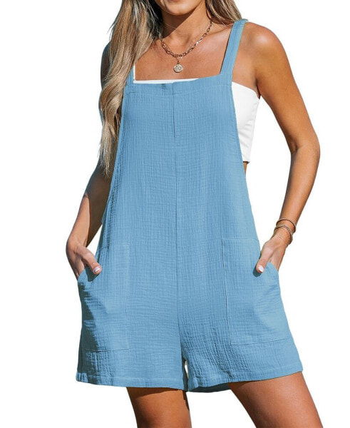 Women's Blue Sleeveless Square Neck Wide Leg Romper