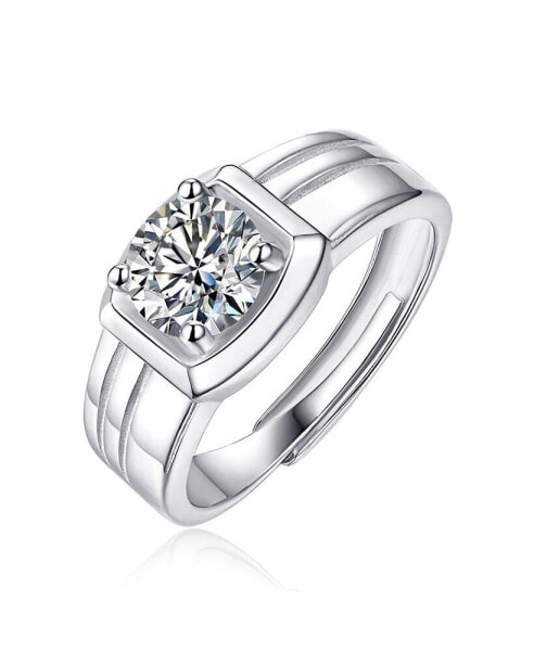 Father's Day Special: Sterling Silver White Gold Plated with 1ct Round Lab Created Moissanite Solitaire Grooved Men Women Cool Anniversary Adjustable Ring