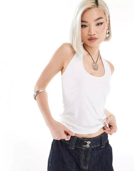 Weekday Astrid jersey halter neck top in white