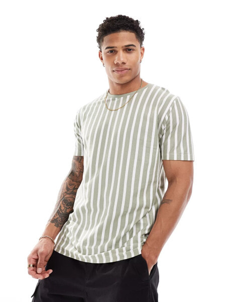 Brave Soul verticle stripe t-shirt in washed sage & white