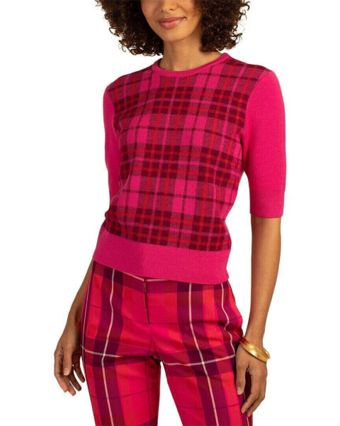 Trina Turk Mackenzie Plaid Wool Crewneck Sweater Women's Xs