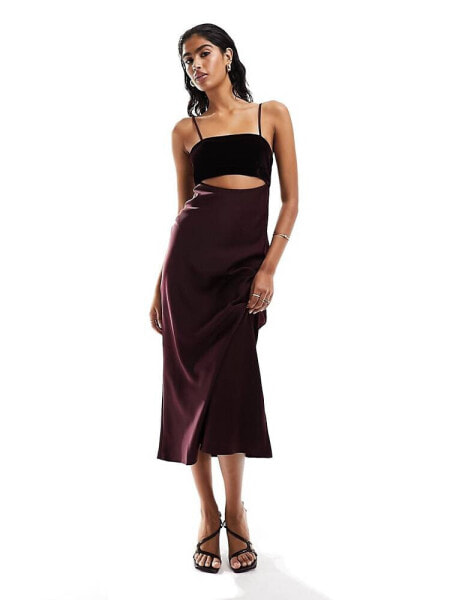 ASOS DESIGN satin midaxi dress with velvet bust and cut out in burgundy