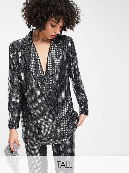 4th & Reckless Tall sequin tailored blazer co-ord in metallic silver