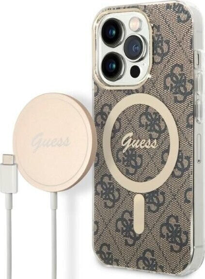 Guess Zestaw Guess GUBPP14XH4EACSW Case+ Charger iPhone 14 Pro Max 6,7" brązowy/brown hard case 4G Print MagSafe NoSize