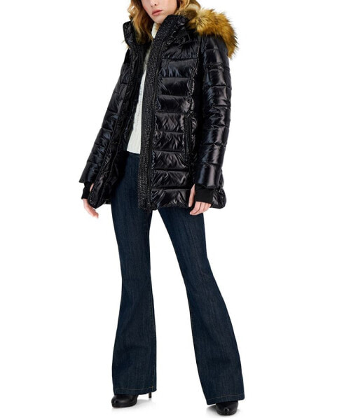 Women's Chelsea High-Shine Faux-Fur-Trim Hooded Puffer Coat