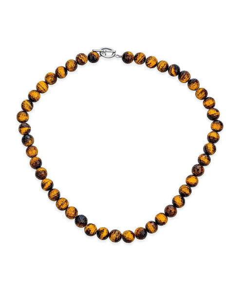 Faceted Brown Natural Tiger Eye Round 8MM Bead Strand Necklace For Women Silver Plated Toggle Clasp 18 Inch