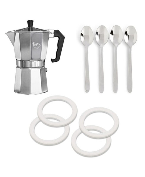 Stovetop Espresso Coffee Maker (Brews 6-Servings) with 4 Demi Spoons and 4 Exact Replacement Silicone Gaskets