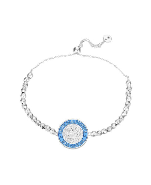 Blue Enamel "Saint Christopher Protect Us" Beaded Bolo Bracelet