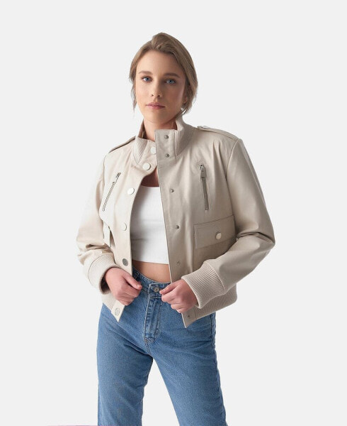 Women's Genuine Leather Bomber Jacket, Beige Nappa